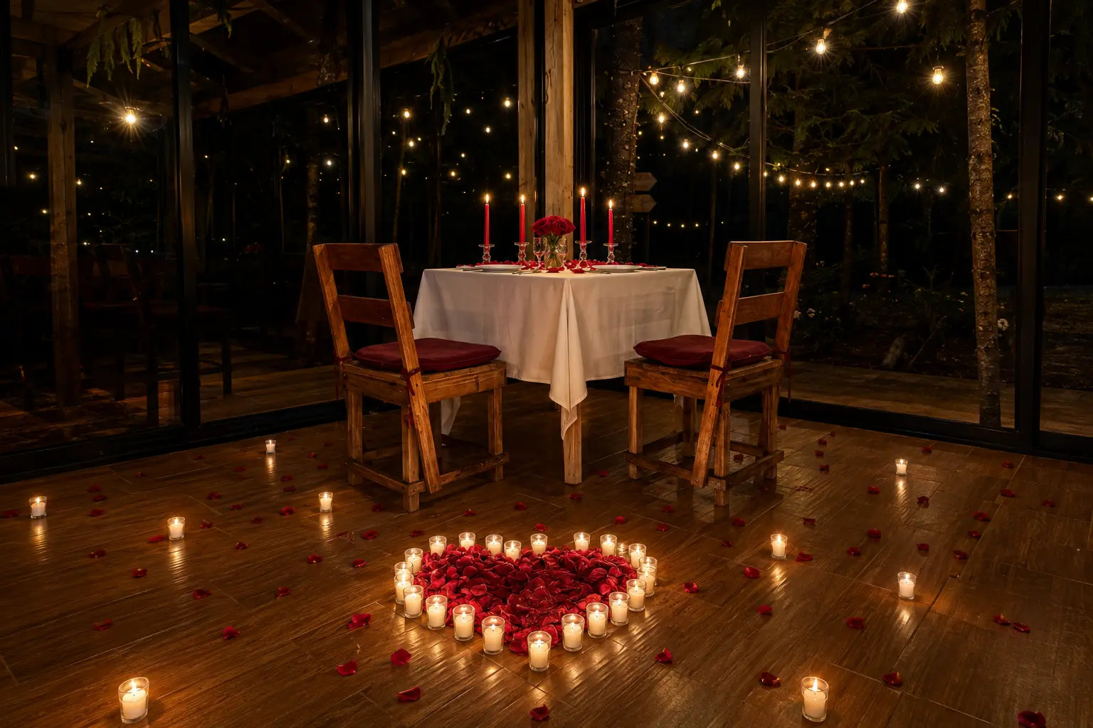 Decoración romántica con corazón de velas y mesa para dos cerca de Xalapa