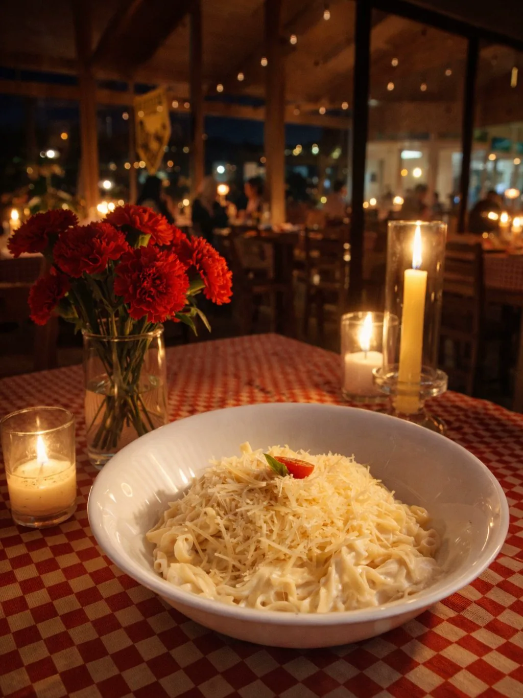 Pasta cremosa con velas en cena romántica en Trattoria del Bosque