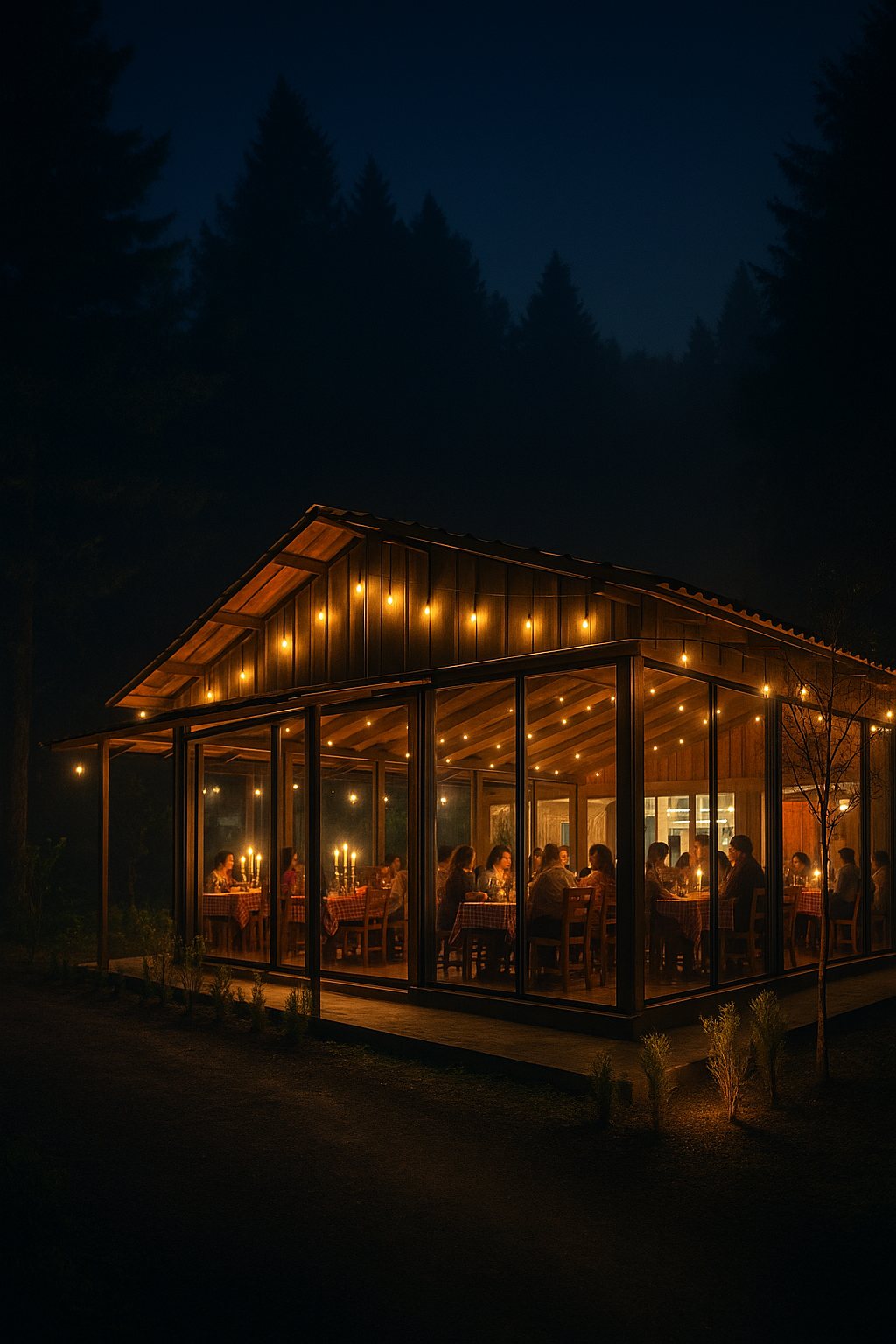 Trattoria del Bosque iluminada de noche con mesas y velas