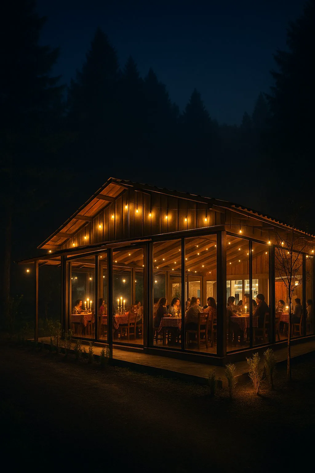 Trattoria del Bosque iluminada de noche con mesas y velas