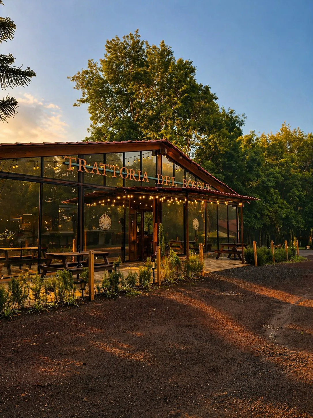 Fachada de Trattoria del Bosque al atardecer, restaurante italiano cerca de Xalapa