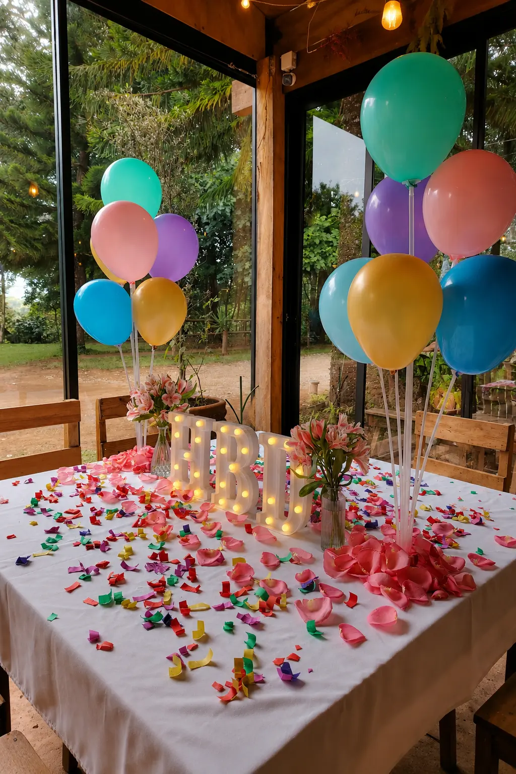 Mesa decorada con globos, flores y letras iluminadas para celebrar un cumpleaños cerca de Xalapa