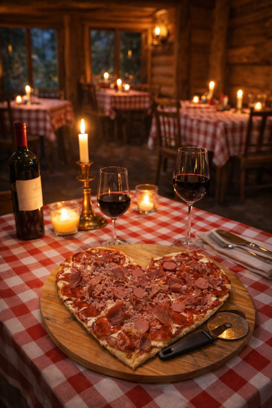 Pizza romántica en mesa con vino y velas