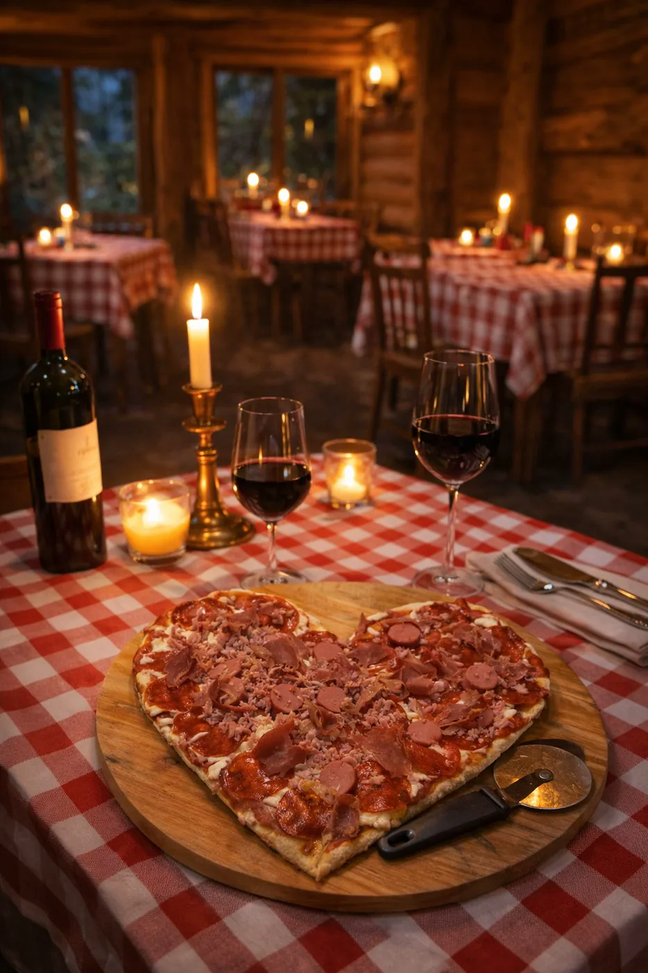 Pizza romántica en mesa con vino y velas